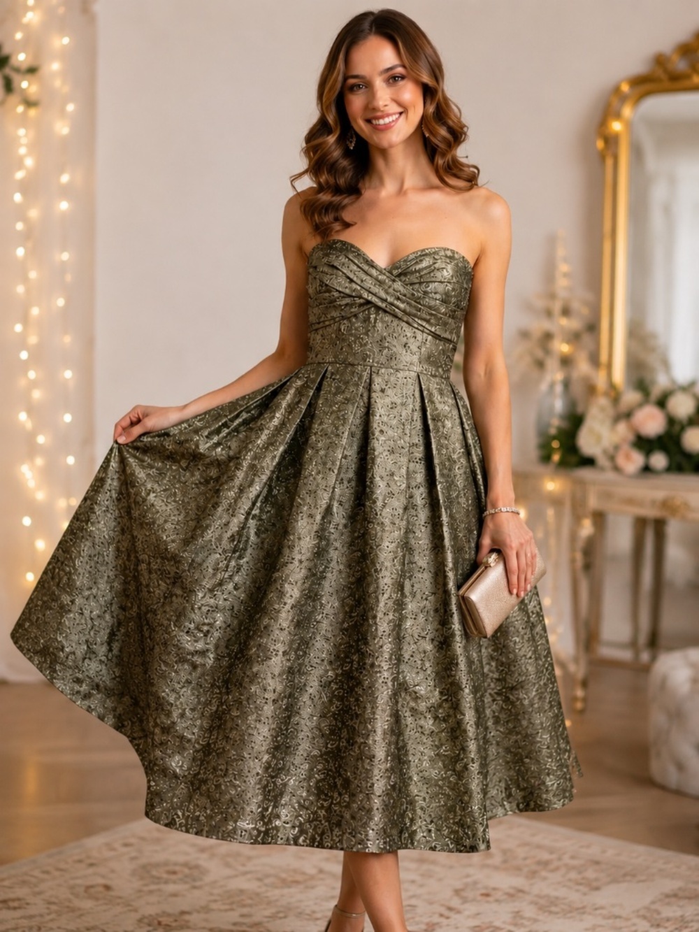 Vintage 1950s Olive Brocade Strapless Prom Party Dress XS Tea Length Glam Chic